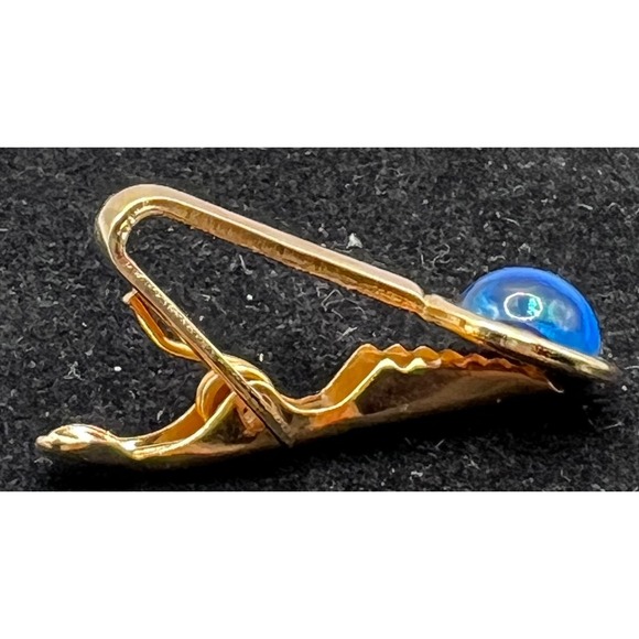 Vintage Men's Gold Tone Tie Clip Blue Glass Cabochon Spring Clasp - Picture 3 of 5